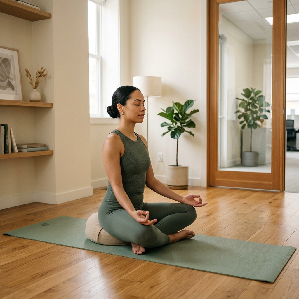 Colaboradora praticando meditação em postura de Lótus no tapete